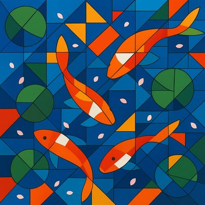 A koi pond seen from above, orange and white koi fish swimming among lily pads, clear water with subtle ripples, fallen cherry blossom petals floating on the surface, dappled sunlight