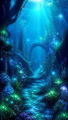 a mysterious forest path with fireflies and drifting mist, atmospheric vertical composition with open space at the top, no text