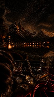 a tranquil mountain lake beneath a starry night sky, no people, no text