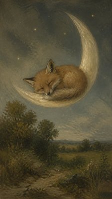 a sleeping baby fox curled on a crescent moon among soft stars, gentle and warm, no text