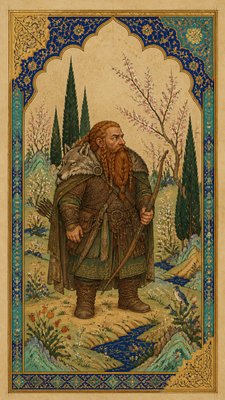 full-body original character: a dwarven ranger with a braided auburn beard, worn leather armor, a longbow and a wolf-pelt cloak, neutral background, no text