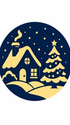 a snow-covered cottage with warm glowing windows beside a decorated pine tree, gentle snowfall, no text