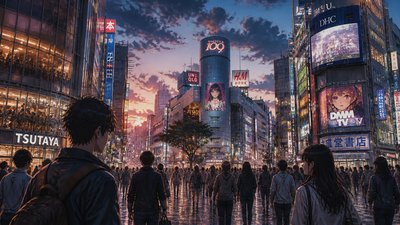 bustling city street panorama at dusk