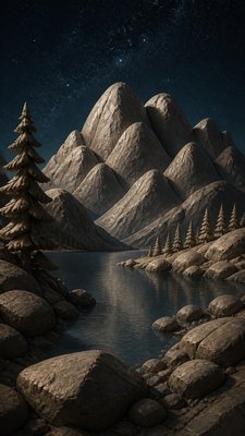 a tranquil mountain lake beneath a starry night sky, no people, no text