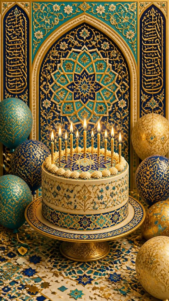 a birthday cake with lit candles surrounded by balloons and confetti, festive vertical composition, no text