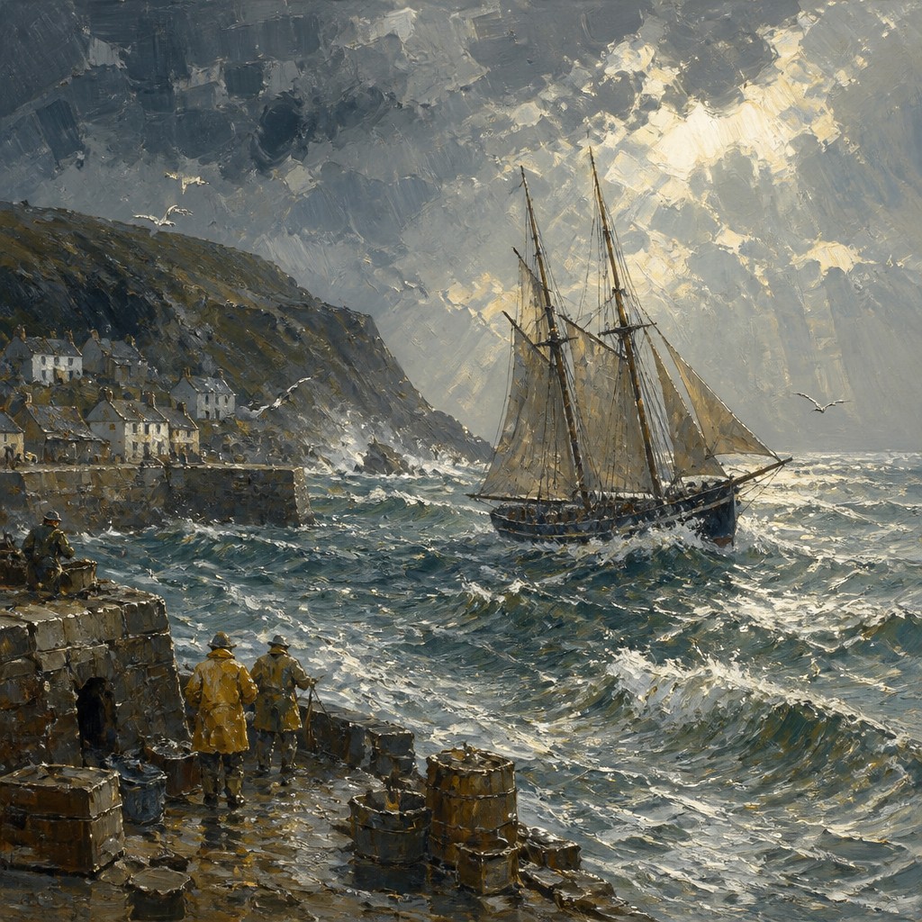 sailing ship on a stormy sea — Cornwall Plein Air Art Style