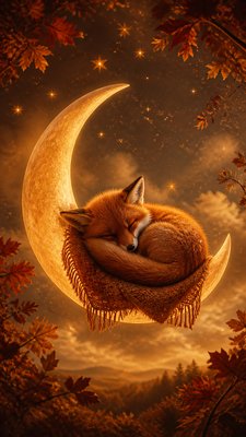 a sleeping baby fox curled on a crescent moon among soft stars, gentle and warm, no text