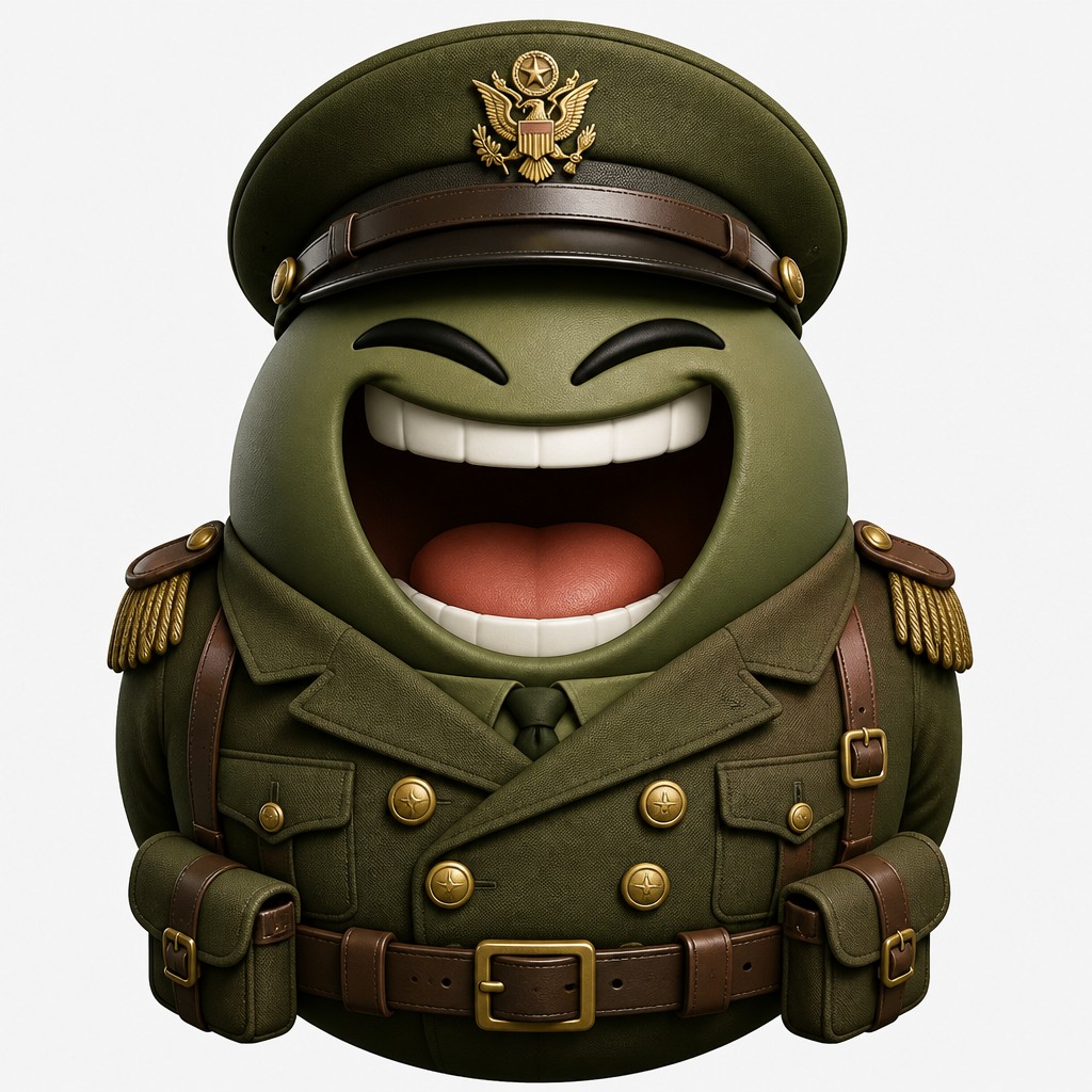 an exaggerated laughing face of an original round mascot character, bold and readable at small size, plain background, no text