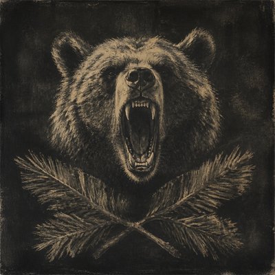 a roaring bear head above crossed pine branches, bold graphic composition on a plain background, no text