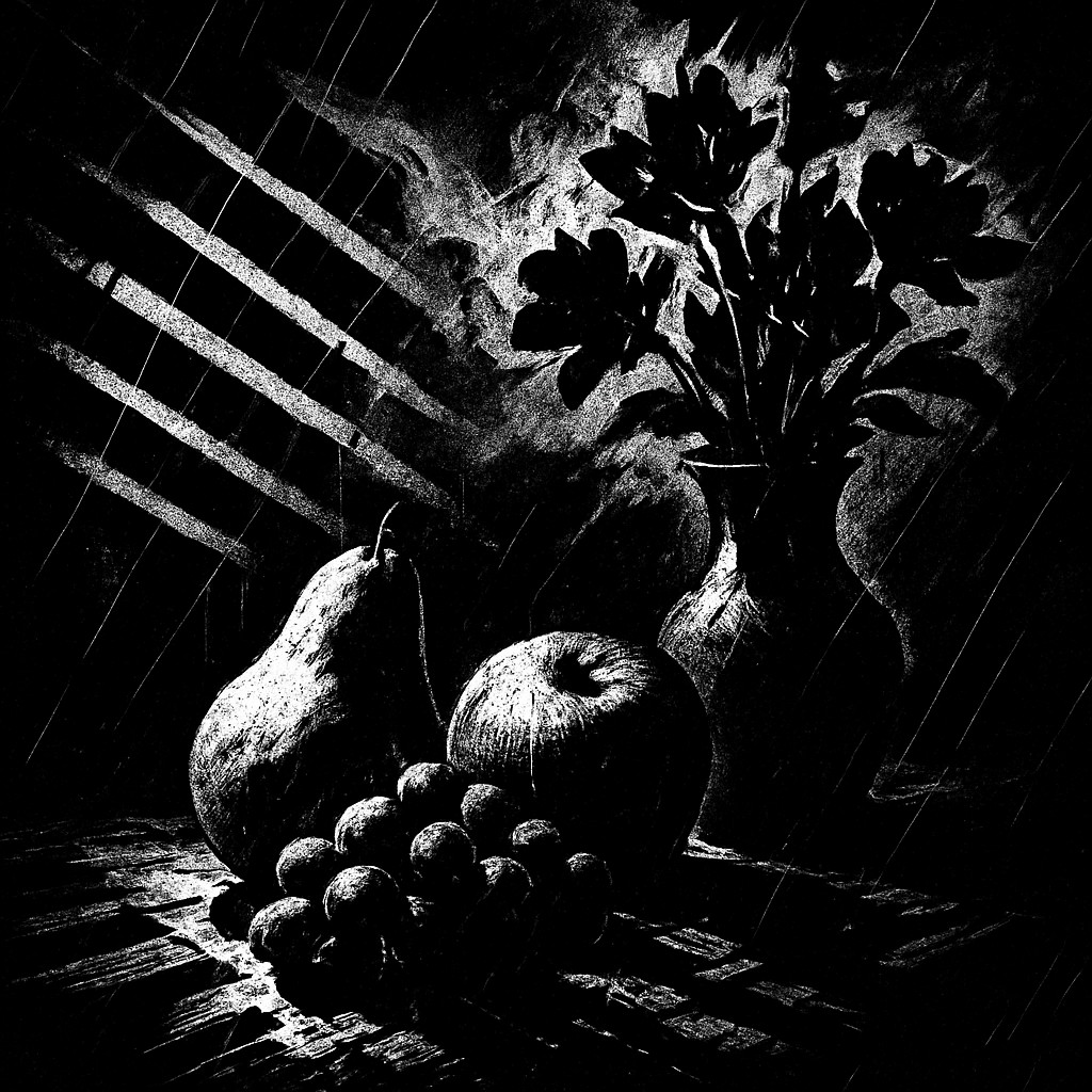 still life arrangement of fruits and flowers