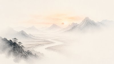a vast valley with a river winding toward distant mountains at sunrise, no people, no text
