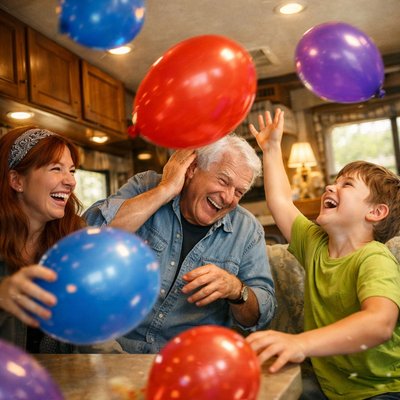 "A high-energy, candid photo of the three people from the reference image—a woman with long red hair wearing a headband, an older man with white hair, and a young boy in a lime green shirt—engaged in a joyful balloon fight inside their cozy RV. Lot of colorful balloons (red, blue, and purple) are captured mid-air, appearing slightly blurred to show motion. The family is laughing, with the boy reaching up to swat a balloon and the man playfully dodging one. The interior of the RV is bright with natural light coming through the windows, showing wood cabinetry and a comfortable dinette area. The scene is full of warmth, action, and genuine family connection."