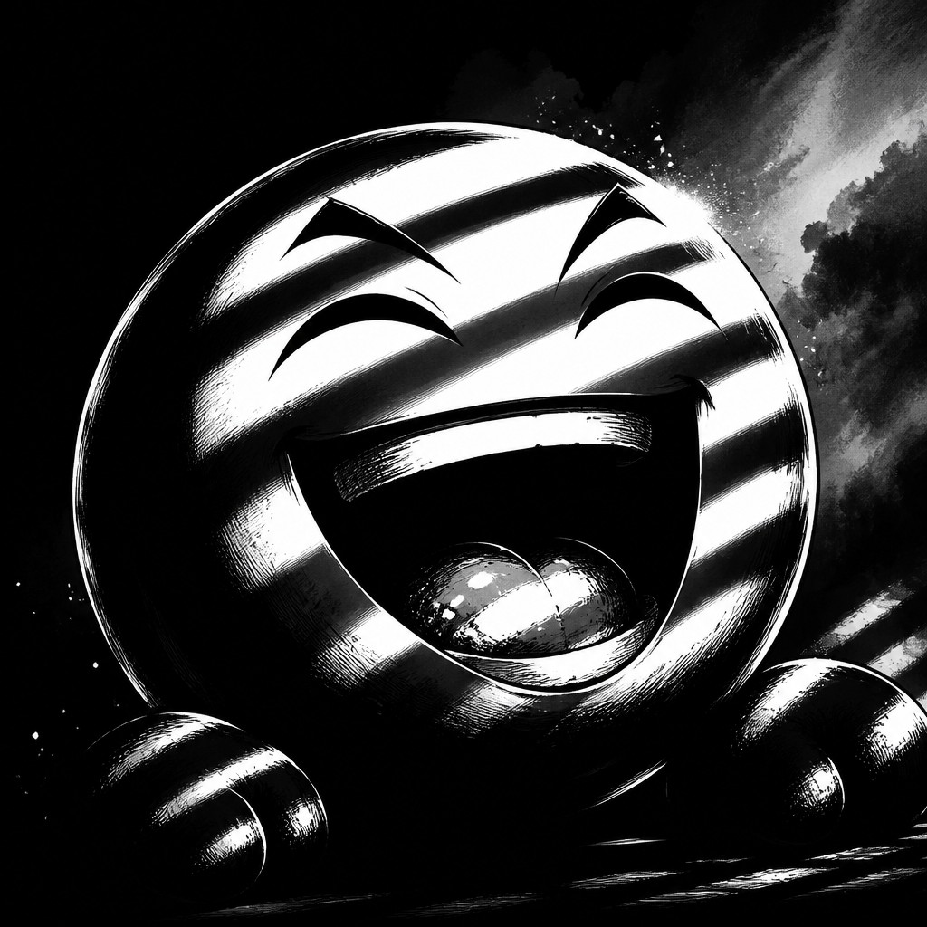 an exaggerated laughing face of an original round mascot character, bold and readable at small size, plain background, no text