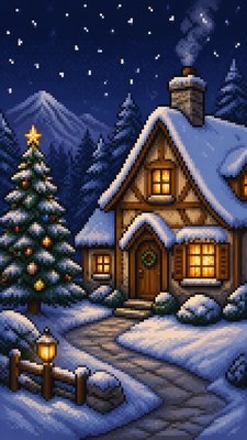 a snow-covered cottage with warm glowing windows beside a decorated pine tree, gentle snowfall, no text