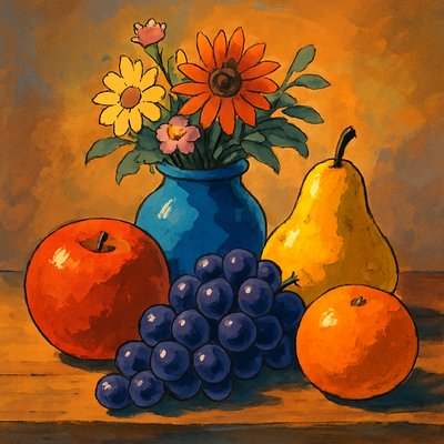 still life arrangement of fruits and flowers