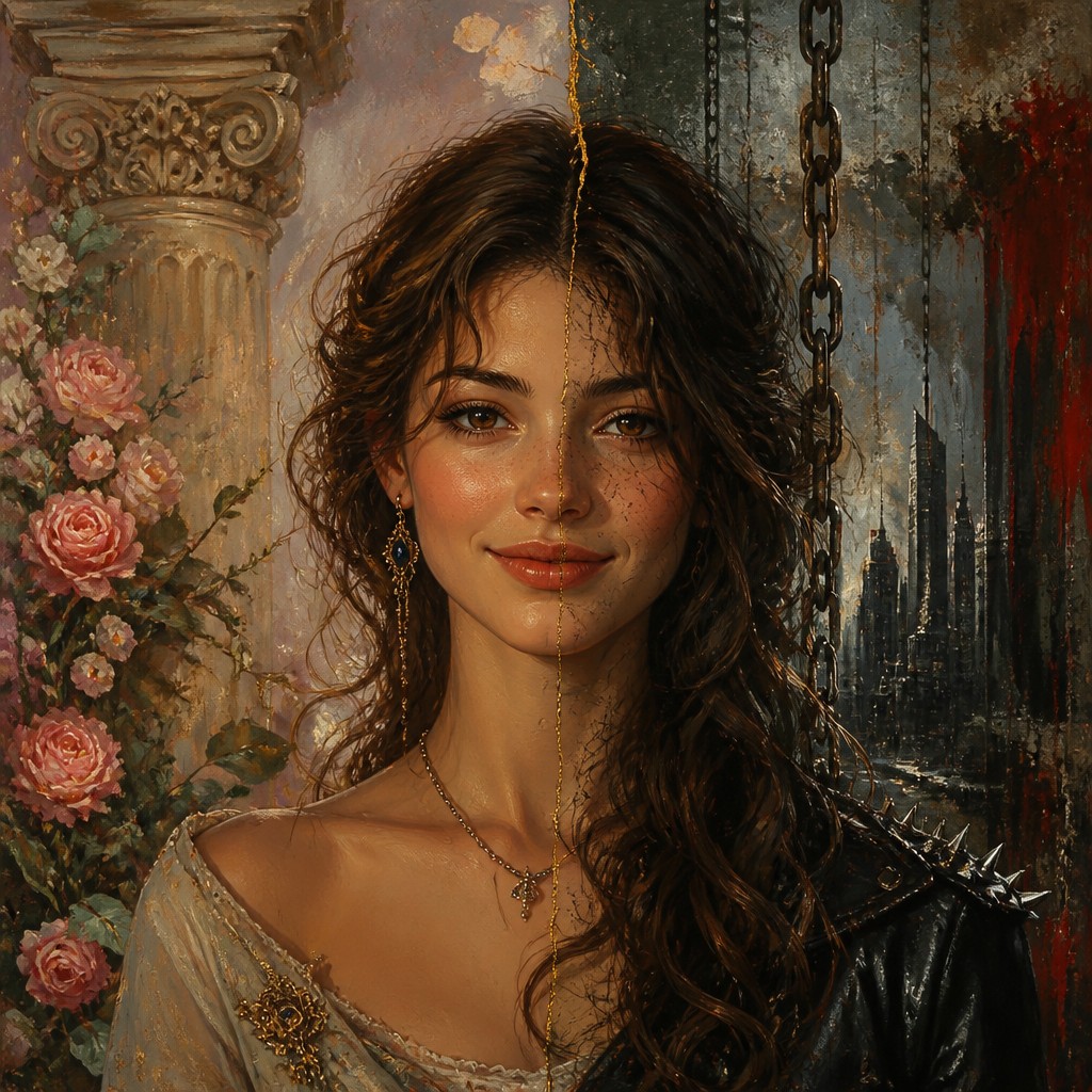 head-and-shoulders portrait of an original character: a young woman with wavy chestnut hair and a warm smile, plain soft backdrop