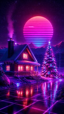a snow-covered cottage with warm glowing windows beside a decorated pine tree, gentle snowfall, no text