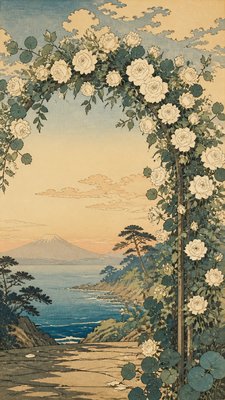 an arch of white roses and eucalyptus in soft morning light, elegant vertical composition with open space, no text