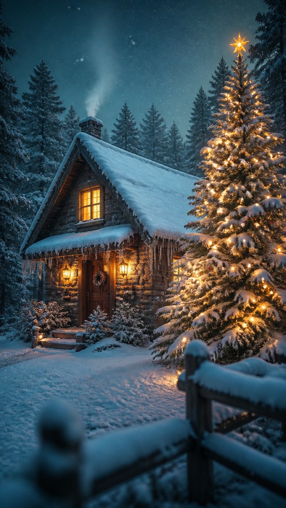 a snow-covered cottage with warm glowing windows beside a decorated pine tree, gentle snowfall, no text
