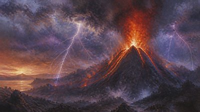 an erupting volcano with lightning strikes, dramatic wide composition, no text