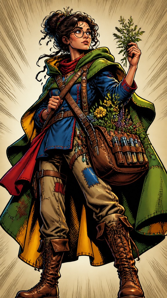 full-body original character: a wandering botanist with a satchel of plants, a patched green cloak, tall boots and round glasses, neutral background