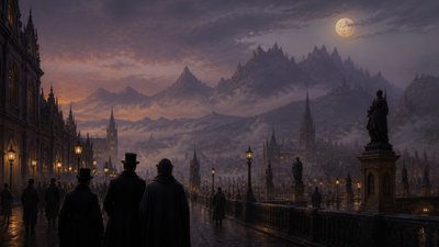 bustling city street panorama at dusk