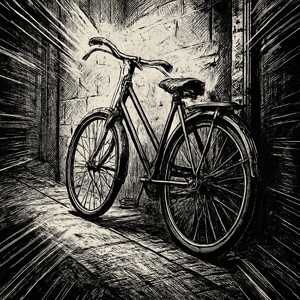 bicyle resting against a wall