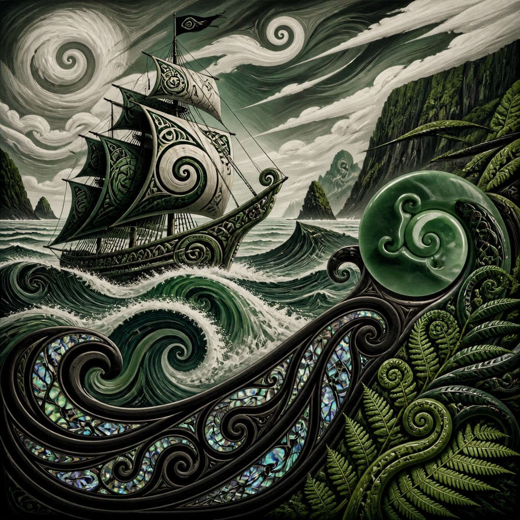 sailing ship on a stormy sea — New Zealand Art Style