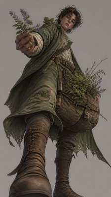 full-body original character: a wandering botanist with a satchel of plants, a patched green cloak, tall boots and round glasses, neutral background