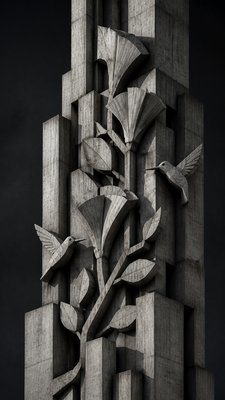 a climbing vine of flowers and hummingbirds on a dark background, tall wrapping composition, no text