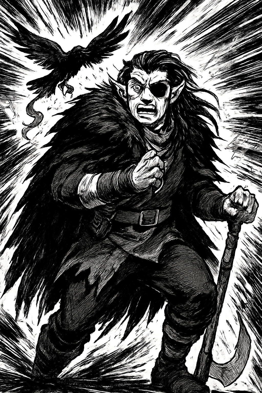a drawing of a man with a bird on his shoulder