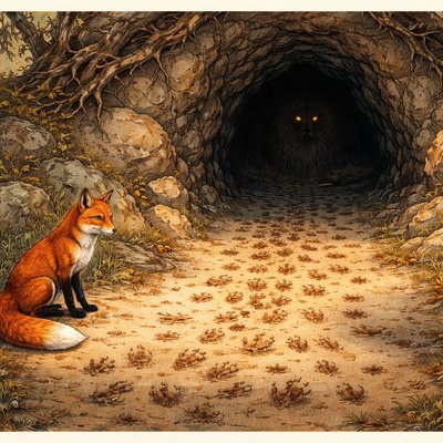 Golden Age Storybook Illustration Style, Rich Watercolor and Ink, Detailed Textures. A narrative scene capturing the tense moment of realization outside a rugged, dark cave entrance hidden among dry rocks and gnarled roots.

The Fox and the Evidence: In the bright, sunlit foreground, a clever, reddish-orange fox sits alertly on its haunches, a safe distance from the cave mouth. Its head is tilted, looking intently at the dusty ground. The dirt path leading directly into the dark cave is a chaotic, heavily trampled mess of hundreds of distinct footprints—deer hooves, rabbit paws, badger claws—all pointing inward. Crucially, the dusty ground leading away from the cave is completely smooth and untouched by return tracks.

The Lion and the Den: The cave entrance is a gaping maw of deep shadow. Deep within the darkness, only the faint, glowing yellow eyes and the vague, gaunt outline of the old lion lying in wait are visible, watching the fox intently. The contrast between the warm sunlight outside and the cold darkness inside is sharp.