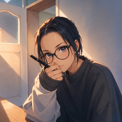 a girl with glasses is holding a pen and looking at the camera