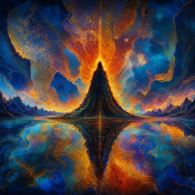 a painting of a mountain with a reflection in the water