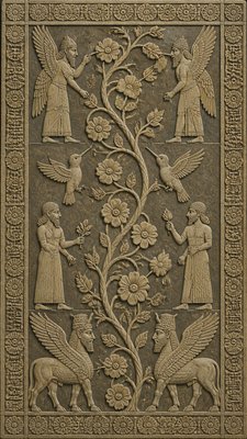 a climbing vine of flowers and hummingbirds on a dark background, tall wrapping composition, no text