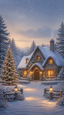 a snow-covered cottage with warm glowing windows beside a decorated pine tree, gentle snowfall, no text