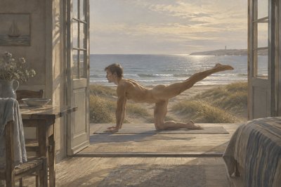 danish seacoast scene ignudi athlete doing yoga leg exercise outdoors