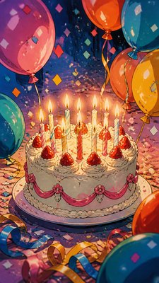 a birthday cake with lit candles surrounded by balloons and confetti, festive vertical composition, no text