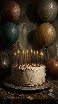 a birthday cake with lit candles surrounded by balloons and confetti, festive vertical composition, no text