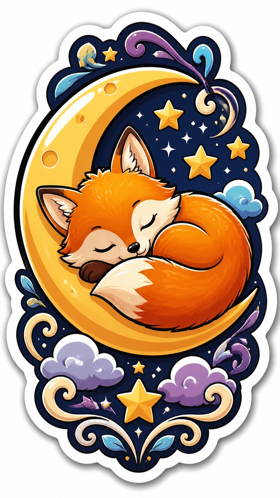 a sleeping baby fox curled on a crescent moon among soft stars, gentle and warm, no text