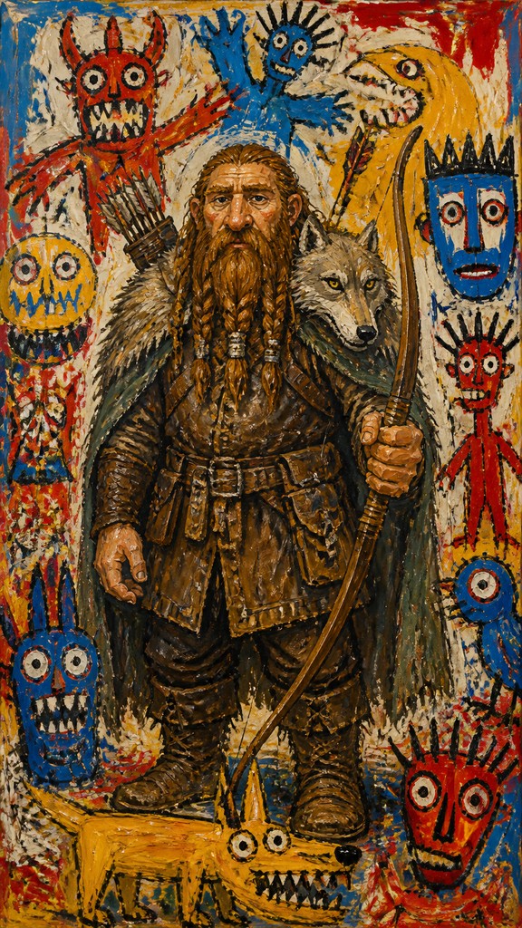 full-body original character: a dwarven ranger with a braided auburn beard, worn leather armor, a longbow and a wolf-pelt cloak, neutral background, no text