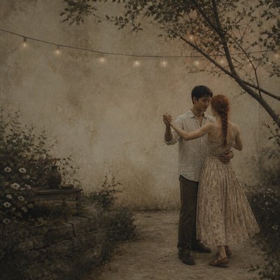 an original couple dancing under string lights in a garden at dusk: a man with short black hair in a linen shirt and a woman with braided red hair in a summer dress