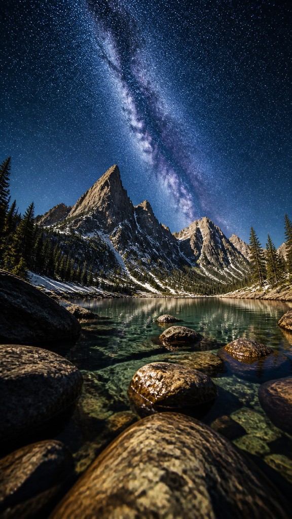 a tranquil mountain lake beneath a starry night sky, no people, no text