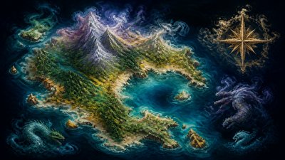 a map of an island realm with mountains, forests, a sheltered bay, sea monsters in the water and a compass rose, no text labels