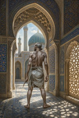 a painting of a man standing in front of a building