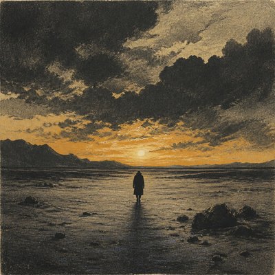 a solitary figure walking toward a glowing horizon across an empty plain, moody atmosphere, no text or lettering