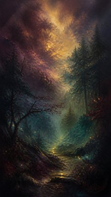 a mysterious forest path with fireflies and drifting mist, atmospheric vertical composition with open space at the top, no text