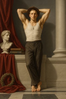 a man with a hat standing in front of a statue