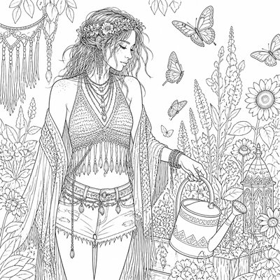 a garden scene with butterflies, flowers and a watering can, clean uncolored line art, no text