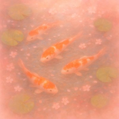 A koi pond seen from above, orange and white koi fish swimming among lily pads, clear water with subtle ripples, fallen cherry blossom petals floating on the surface, dappled sunlight
